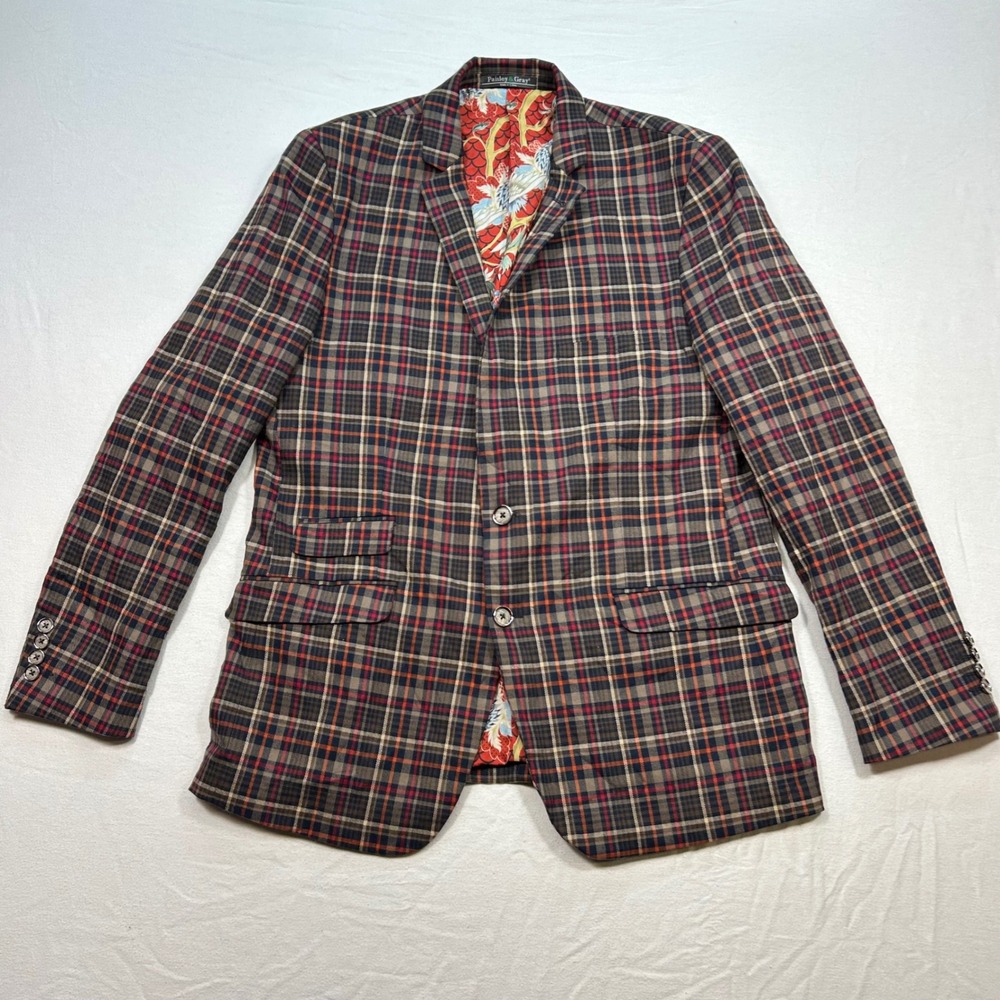 Paisley & Gray Blazer 44R Mens Brown Red Plaid‎ Slim Fit Crane Lining Sport Coat